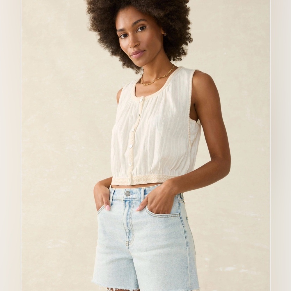 Faherty Isla embroidered organic cotton button-up tank top cream sz XL